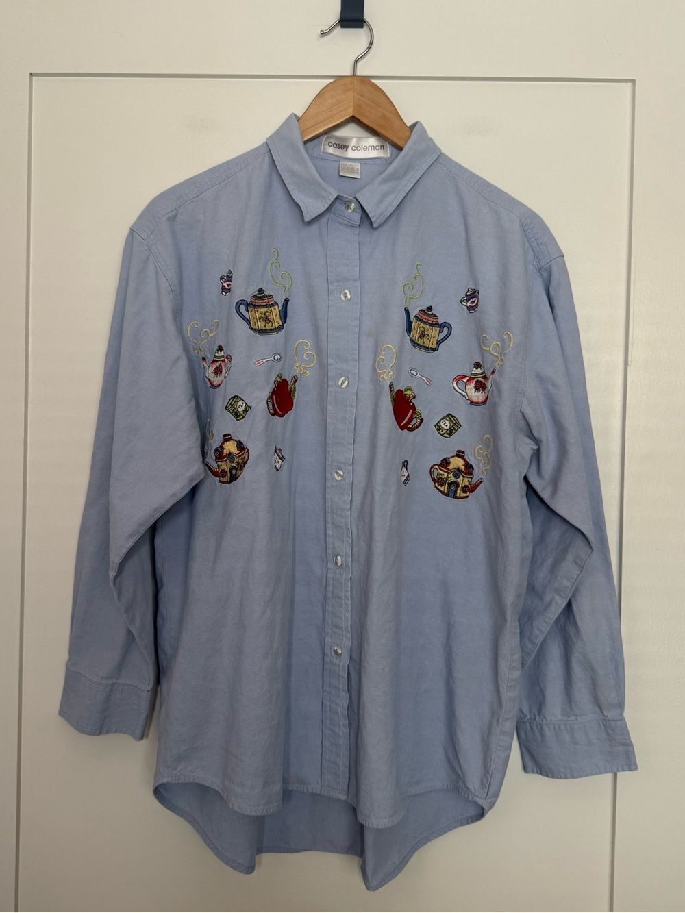 Vintage Casey Coleman Shirt Womens Sz L Blue Tea Pots Embroidered Cottagecore